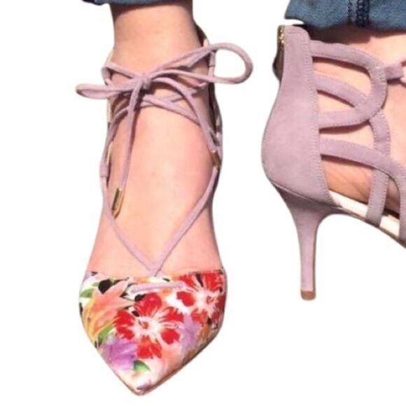 Marc Fisher TRUTHE Colorful Floral Pointed Toe Faux Lavender Suede Zip Back Heel - Picture 3 of 16